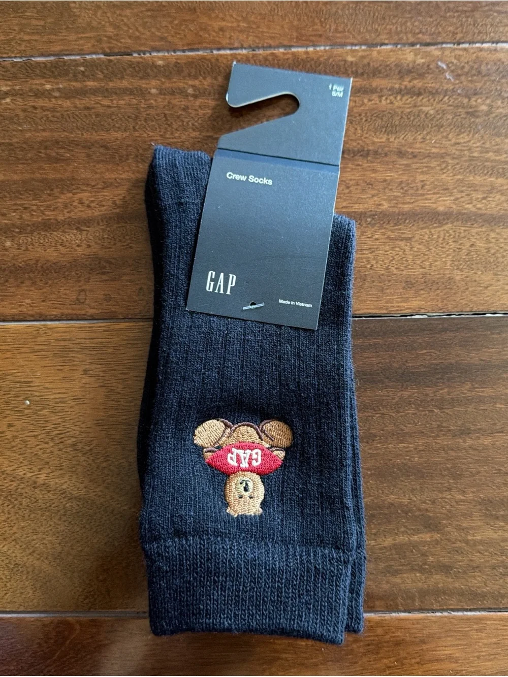 GAP Black Crew Socks with Embroidered Bear in Red Cap